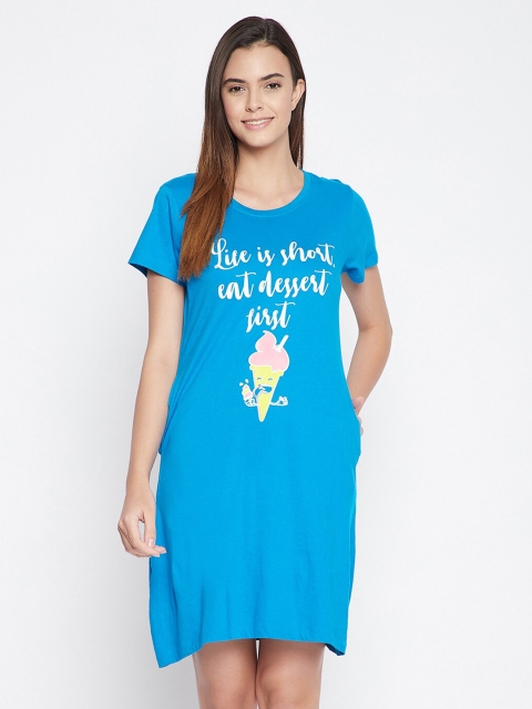 

Clovia Women Blue Cotton Printed Longline T-shirt Nightdress
