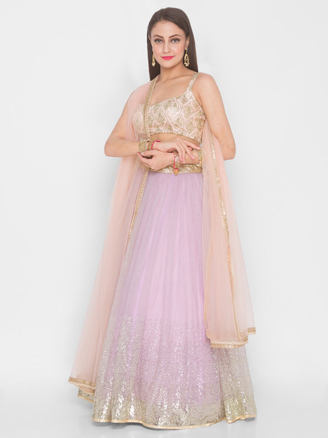 

6Y COLLECTIVE Lavender & Gold-Toned Semi-stitched Lehenga-unstitched blouse & dupatta