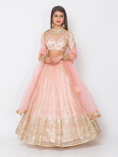 

6Y COLLECTIVE Peach-Coloured & Gold-Toned Sequinned Semi-Stitched Lehenga Choli