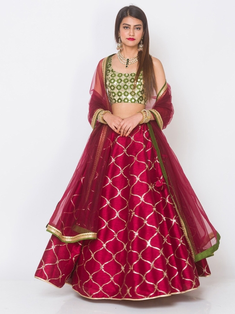 

6Y COLLECTIVE Maroon & Green Embroidered Sequinned Semi-Stitched Lehenga Choli
