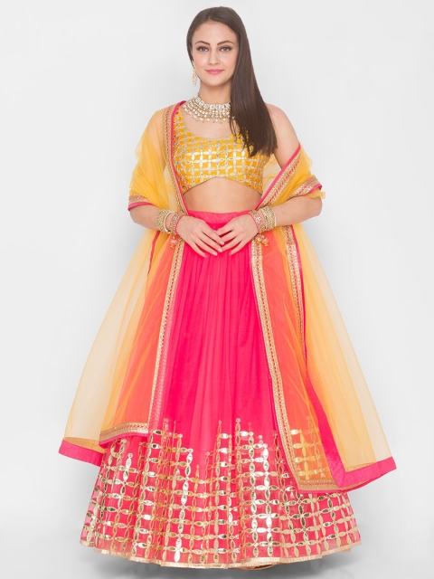 

6Y COLLECTIVE Pink & Mustard Embroidered Sequinned Semi-Stitched Lehenga Choli