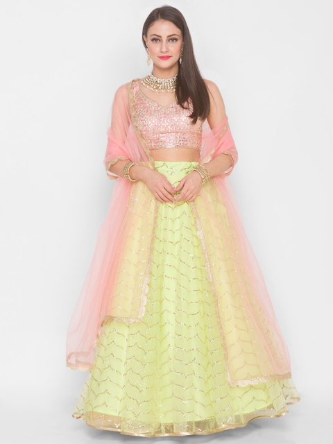 

6Y COLLECTIVE Lime Green & Pink Embroidered Sequinned Semi-Stitched Lehenga Choli