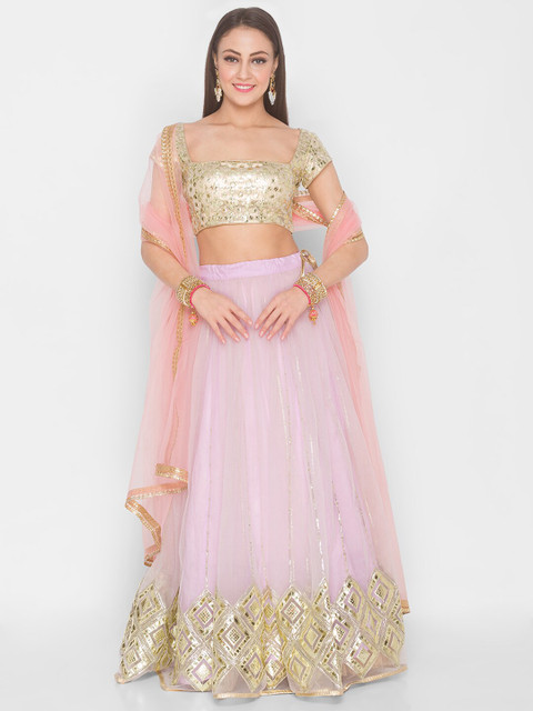 

6Y COLLECTIVE Lavender & Gold-Toned Embroidered Sequinned Semi-Stitched Lehenga Choli
