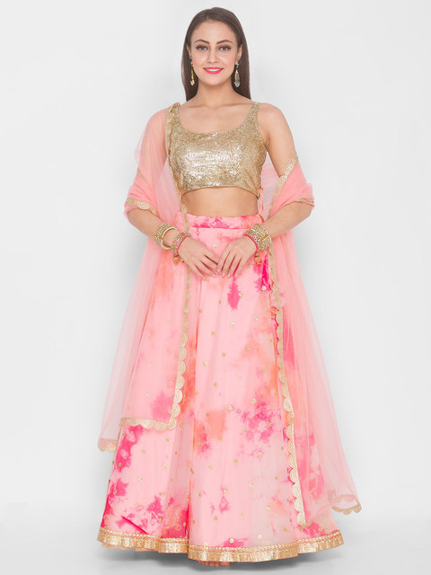 

6Y COLLECTIVE Pink & Gold-Toned Embroidered Sequinned Semi-Stitched Lehenga Choli
