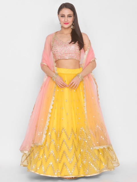

6Y COLLECTIVE Mustard & Pink Embroidered Sequinned Semi-Stitched Lehenga Choli