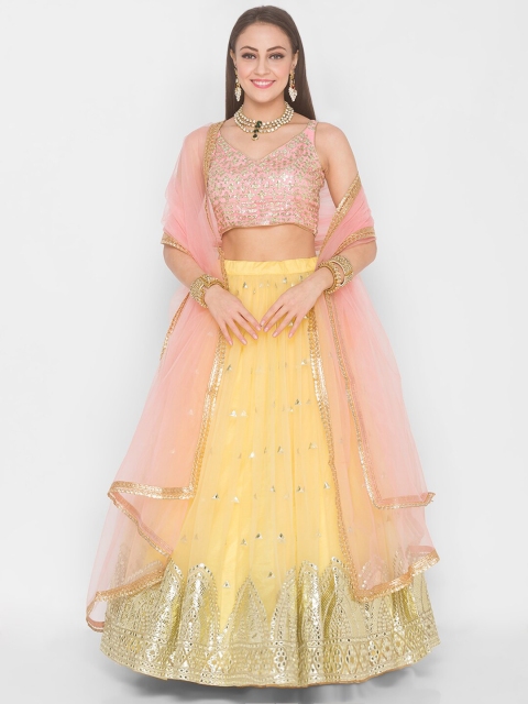 

6Y COLLECTIVE Mustard & Pink Embroidered Sequinned Semi-Stitched Lehenga Choli