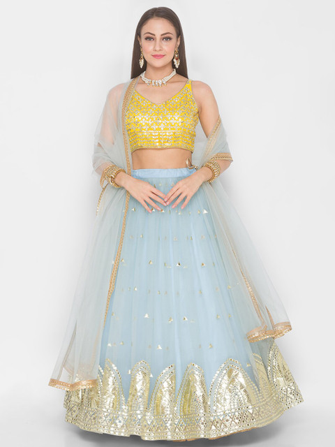 

6Y COLLECTIVE Blue & Mustard Embroidered Sequinned Semi-Stitched Lehenga Choli