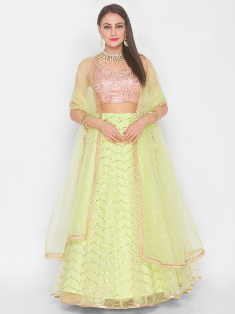 

6Y COLLECTIVE Lime Green & Pink Embroidered Sequinned Semi-Stitched Lehenga Choli