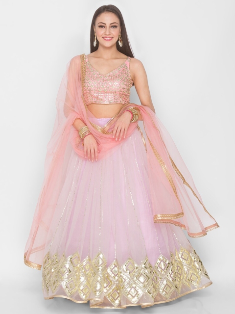 

6Y COLLECTIVE Lavender & Pink Embroidered Sequinned Semi-Stitched Lehenga & Unstitched Blouse With Dupatta