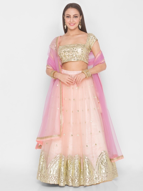 

6Y COLLECTIVE Peach-Coloured & Purple Semi-Stitched Lehenga & Unstitched Blouse