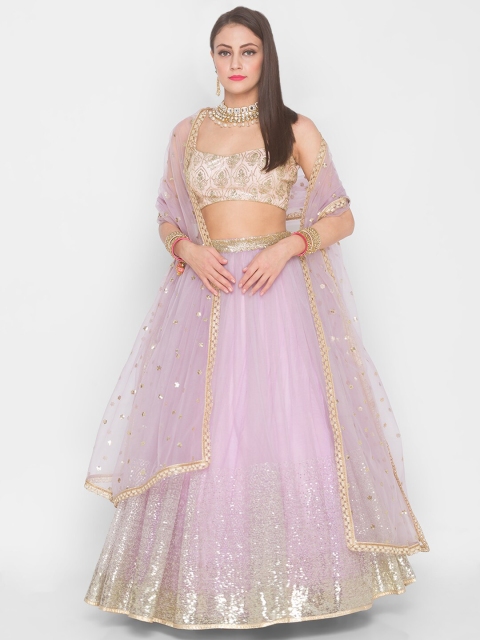 

6Y COLLECTIVE Lavender & Beige Embroidered Sequinned Semi-Stitched Lehenga & Unstitched Blouse With Dupatta