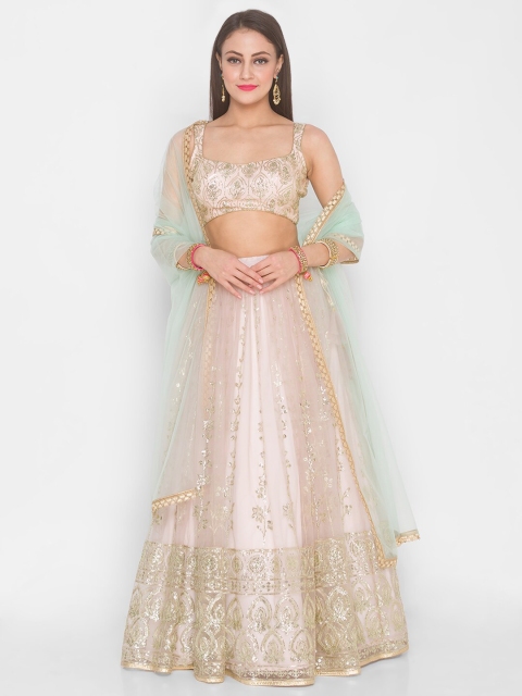 

6Y COLLECTIVE Pink & Turquoise Blue Embroidered Sequinned Semi-Stitched Lehenga & Unstitched Blouse With