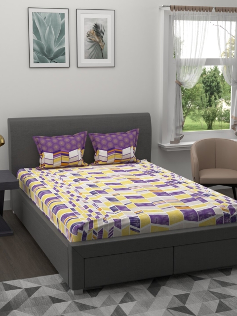 

BLUSH Violet & Yellow 120 TC Queen Bedsheet with 2 Pillow Covers
