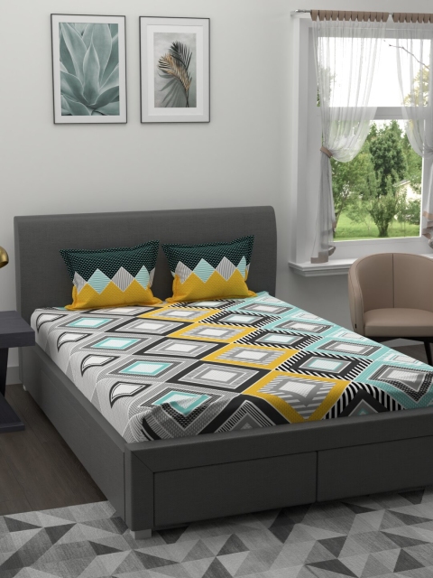 

BLUSH Yellow & Black Geometric 120 TC Queen Bedsheet with 2 Pillow Covers