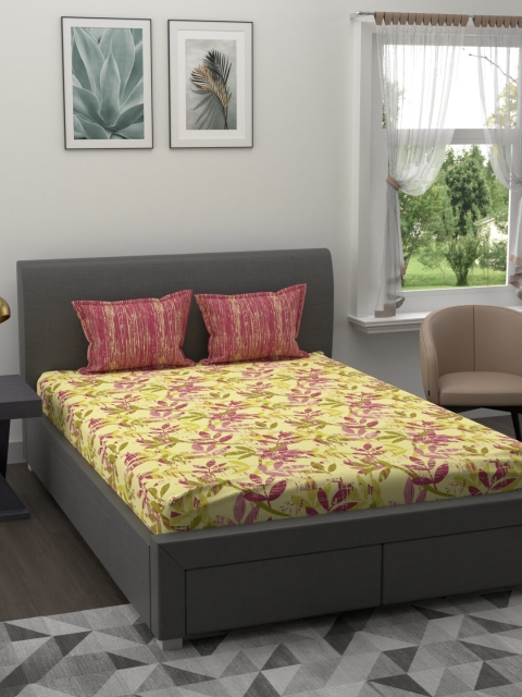 

BLUSH Green & Maroon Floral 120 TC Queen Bedsheet with 2 Pillow Covers
