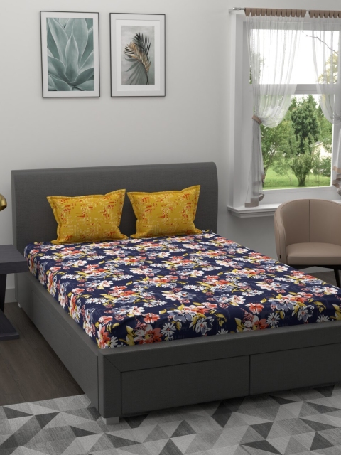 

BLUSH Navy Blue & White Floral 120 TC Queen Bedsheet with 2 Pillow Covers