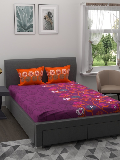 

BLUSH Purple & Orange Floral 120 TC Queen Bedsheet with 2 Pillow Covers