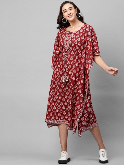 

FASHOR Red & White Ethnic Motifs Printed Kaftan Midi Dress