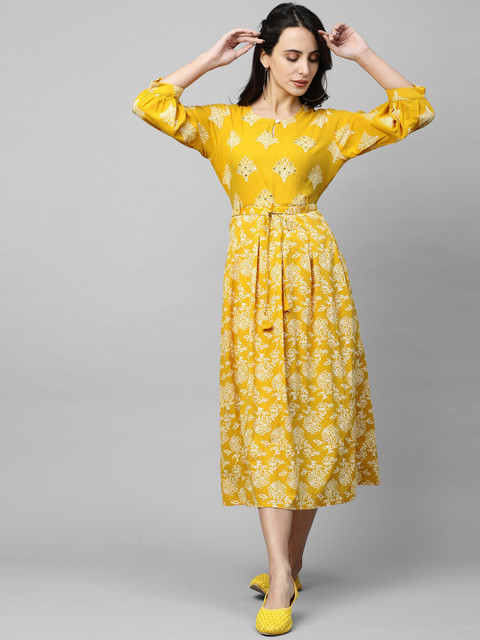 

FASHOR Mustard Yellow & White Floral Printed & Mirror Worked Ethnic Midi Fit & Flare Dress