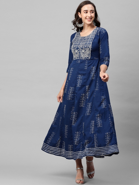 

FASHOR Navy Blue Motifs Printed & Embroidered Ethnic A-Line Midi Dress with Mask