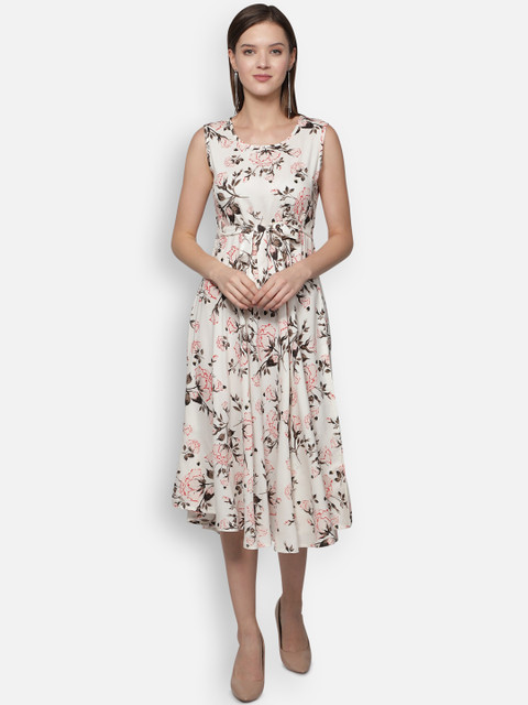

Dipsha Off White & Grey Floral Printed Midi A-line Dress