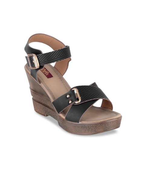 

SHUZ TOUCH Black Wedge Sandals with Buckles