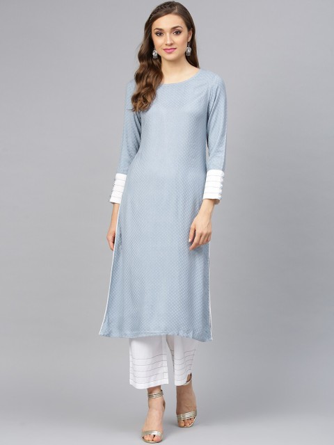 

Idalia Women Blue & White Self Design Regular Kurta with Trousers