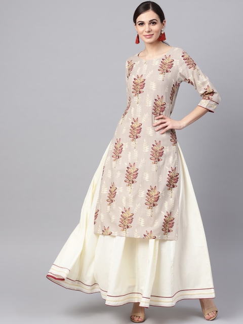 

Idalia Women Grey & Off White Ethnic Motifs Printed Regular Pure Cotton Kurta with Skirt