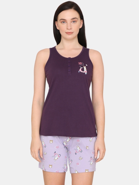 

Zivame Women Purple & Lavender Printed Night Suits