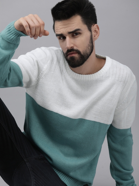 

Roadster Men White & Green Colourblocked Acrylic Pullover