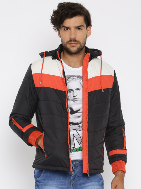 

Nature Casuals Black & Orange Colourblocked Padded Jacket with Detachable Hood