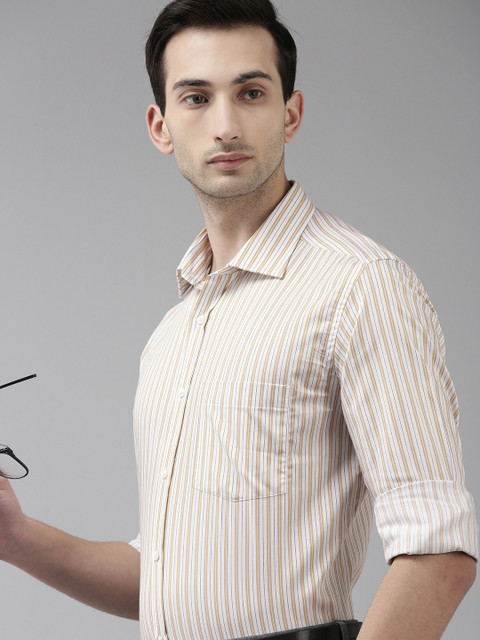 

Park Avenue Men White And Mustard Striped Slim Fit Pure Cotton Formal Shirt