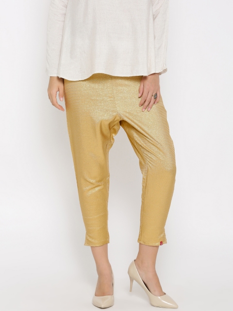 

Biba Women Golden Solid Flat Front Trousers, Gold
