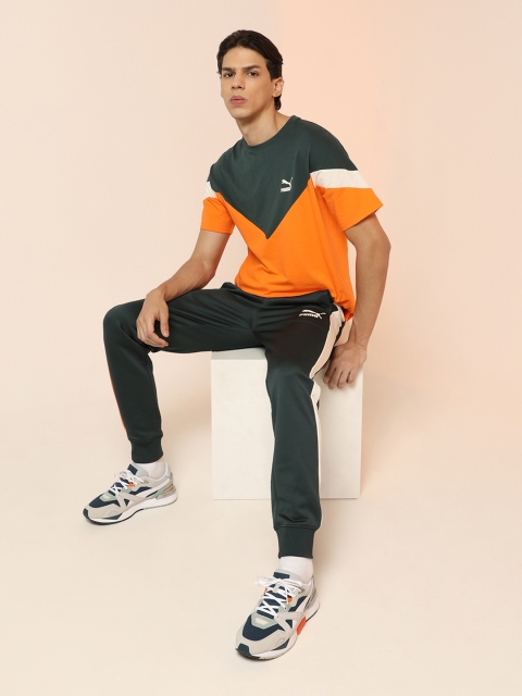 

Puma Men Orange Green Colourblocked Iconic MCS Pure Cotton T-shirt