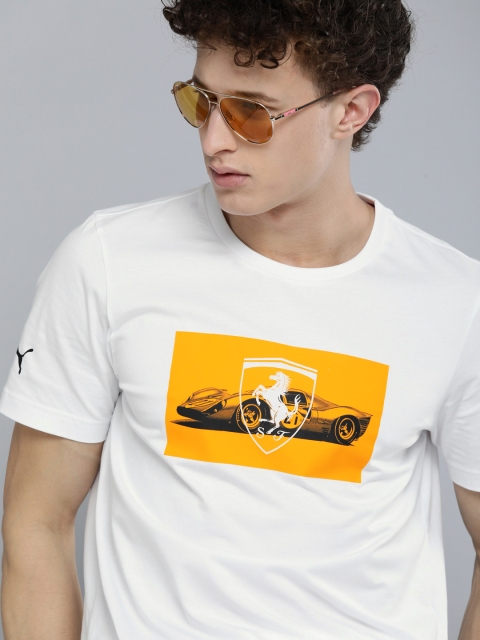 

PUMA Motorsport Men White Mustard Yellow Ferrari Race Graphic Printed Pure Cotton T-shirt