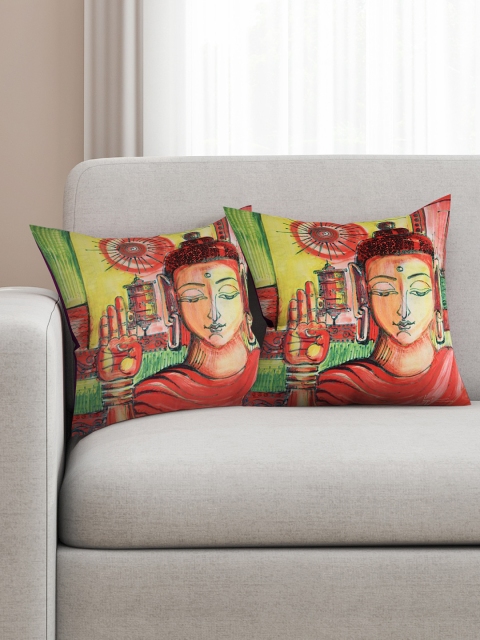 

SEJ by Nisha Gupta Red Set of 2 Printed 16" X 16" Silk Square Cushion Covers
