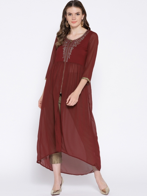 

Biba Women Maroon Sheer Embroidered A-Line Kurta