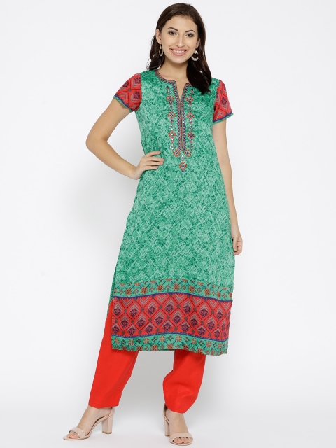 

Biba Women Green Printed Straight Kurta