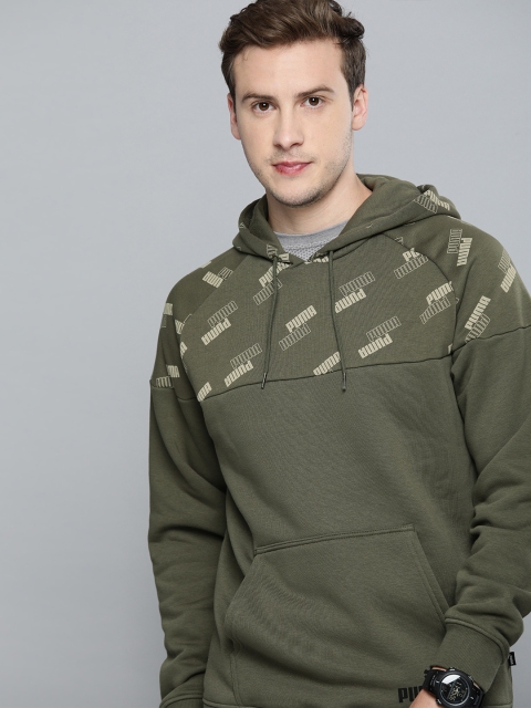 

Puma Men Olive Green Logo Printed POWER Hoodie Sweatshirt