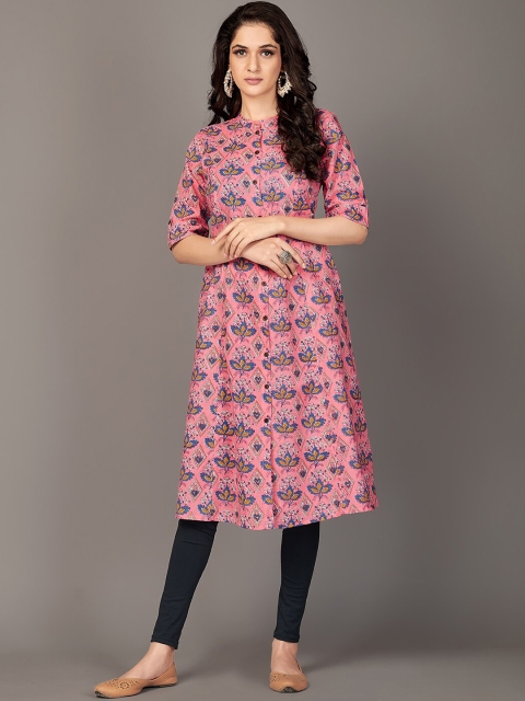 

Vbuyz Women Pink & Blue Floral Printed Kurta