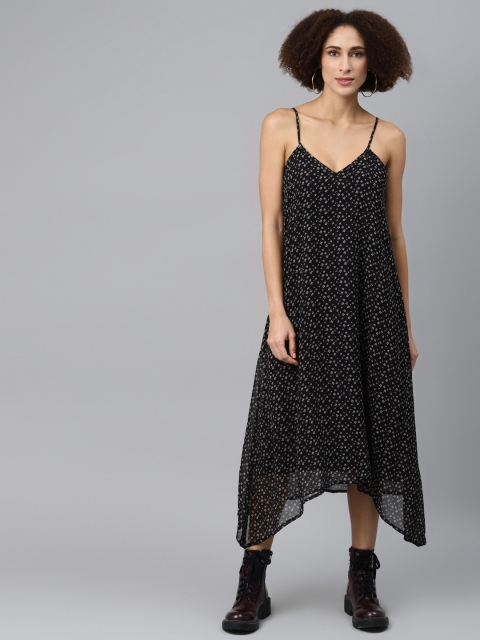 

I AM FOR YOU Black & Grey Floral Georgette A-Line Midi Dress