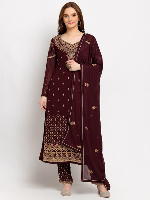 

Stylee LIFESTYLE Brown Embroidered Unstitched Dress Material