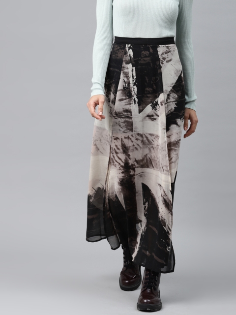 

I AM FOR YOU Women Black & Grey Printed A-Line Maxi Skirt