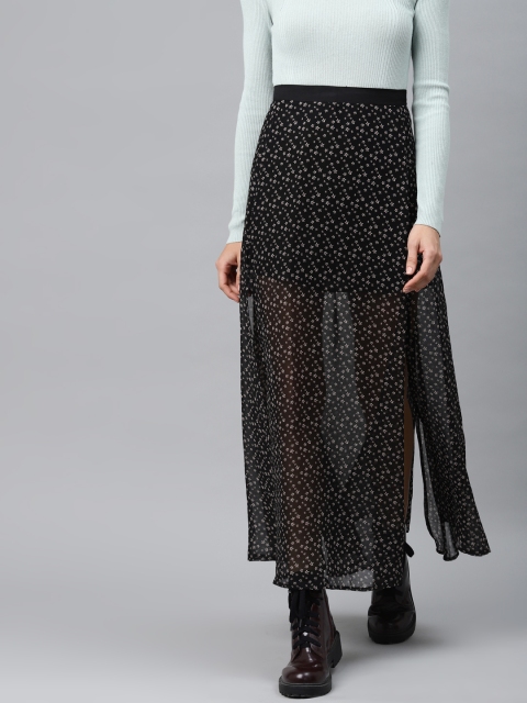 

I AM FOR YOU Women Black & Red Floral Print A-Line Maxi Skirt