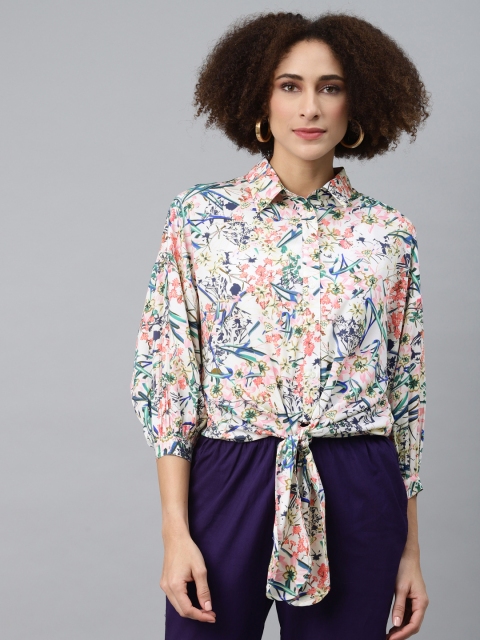 

I AM FOR YOU Cream-Coloured & Multicoloured Floral Bishop Sleeves Crepe Boxy Top