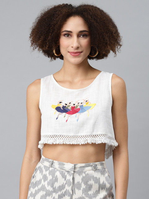 

I AM FOR YOU White & Multicoloured Embroidered Regular Crop Top