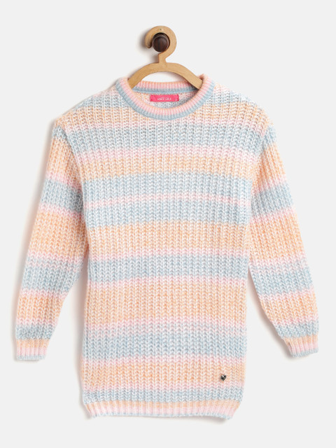 

Monte Carlo Girls Peach-Coloured & Blue Striped Rib Knit Longline Pullover