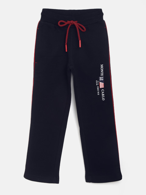 

Monte Carlo Boys Navy Blue Solid Track Pants with Printed Detail