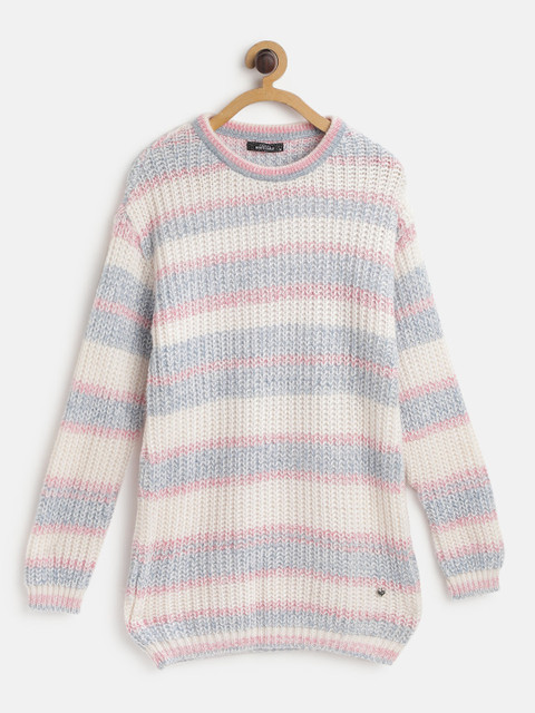 

Monte Carlo Girls Off-White & Blue Striped Rib Knit Longline Pullover