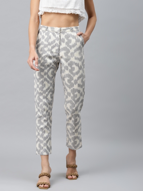 

I AM FOR YOU Women Cream-Coloured Textured Slim Fit Easy Wash Trousers